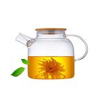 Glass Teapot, Stovetop & Microwave Safe Glass Borosilicate Teapot, Glass Teapot with Strainer, Glass Kettle with Wooden Lid, Loose Leaf and Fruit Tea and Fragrant Tea, 50.7oz/1500ml (Wooden Lid)