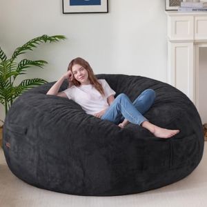 MAXYOYO Bean Bag Chair for Adluts, Soft Plush Faux Fur Bean Bag Sofa with Supportive Foam Filling, Floor Sofa Seat with Side Pocket and Washable Cover, Black, 5FT