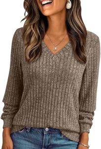 AUTOMET Womens V Neck Long Sleeve Shirt Fall Fashion Tops Tunic Dressy Casual Sweater Clothes Cute Trendy Work Outfits 2026 Khaki L