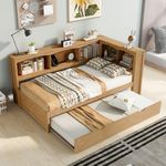 HomSof Twin Size Daybed with Trundle,L-Shaped Bookcases,Storage Cabinets and USB Ports,Wood Color