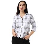 Campus Sutra Women's White Tartan Plaid Button Up Regular Fit Shirtfor Casual Wear | Spread Collar | Long Sleeves | Cotton Shirt Crafted with Regular Sleeve & Comfort Fit for Everyday Wear