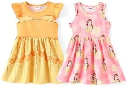 Disney Princess Belle Toddler Girl Dresses 2 Pack Yellow Ruffle Sleeve Costume & Casual Sleeveless Sundress Set Birthday Summer Outfits Clothes 4-5T