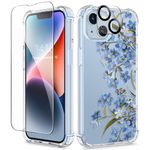 GVIEWIN for iPhone 14 Case Floral, with Screen Protector + Camera Lens Protector,[Non Yellowing] Soft Shockproof Clear Phone Protective Cover for Women, Flower Pattern Design 6.1"(Aconite/Blue)