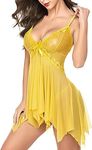 Womens Sleeveless Babydoll Lingerie Set for Women/Babydoll Nighty for Honeymoon with G-String Panty Yellow