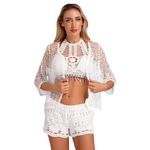 ICW Women's Leisure Boho Crochet Crop Halter Neck Top Backless Lace-up Low Rise Shorts Light Jacket Shorts Cardigan Suit Beachwear Bikini Set Three-Peice Swimsuit Co-ord Set (Pattern 1 White)