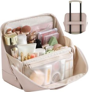 tianzong Travel Makeup Bag with Magnetic Fold-Down Flap, Waterproof Leather Cosmetic and Toiletry Organizer for Women, Multi-Zone Standing Storage, Dusty Rose, X-Large