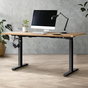 Oikiture Height Adjustable Standing Desk with Stable Frame and Easy Clean Top Electric Workstation Home Office Computer Desktop Stand Up Desk Black and OAK