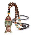 Vintage Long Necklace Handmade Turquoise Wood Beads Necklace for Women Fashion Jewelry, Metal