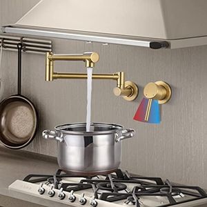 CHALIRS Pot Filler Faucet Wall Mount,Brushed Gold Brass Pot Filler Faucets,Kitchen Restaurant Sink Faucet Folding Stretchable,Cold and Hot Water Mixer,with Double Joint Swing Arms,Single Handle
