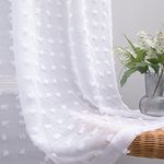 45 Inch Length White Sheer Curtains for Bedroom,Short Country Farmhouse Style Cute Pom Pom Kids Room Curtain for Bathroom Kitchen Window Set of 2 Panels