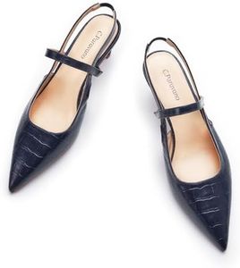 C.Paravano Crocodile-Embossed Women's Slingback Flats, Pointed Toe Kitten Heels, Low Heel Pumps, Ankle Strap Leather Dress Shoes for Office and Casual Wear(Size 10.5,Croc Navy Heels)