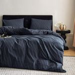 Wake In Cloud - Cotton Quilt Cover Set, 100% Washed Cotton Doona Duvet Cover Bedding Set, 3 Pieces, Pinstripe Navy Blue, Queen Size