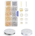 Beadsnfashion Silver & Golden Plated Metal Findings Kit, 3 Sizes Jumpring, Head Pins, Lobsater Clasps, Elastic Thread and Metal Tiger Tail Wire for Jewellery Making and Crafts Work