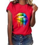 Lazzboy T Shirt Women Colourful Rainbow Lip Print Short Sleeve O Neck Top Ladies Daily Blouse(L(12),Red-ColourfulⅠ)