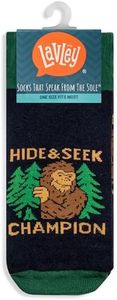 Lavley Hide and Seek Champion Bigfoot Socks - Funny Sasquatch Gift for Men & Women - Cryptid Novelty Socks - One Size Fits Most