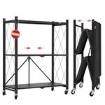 DEANIC 3-Shelf Foldable Storage Shelves with Wheels, Heavy Duty Shelving Unit, Freestanding Metal Wire Shelf Rack, No Assembly Organizer Rack for Garage Kitchen, Basement, Pantry, Black