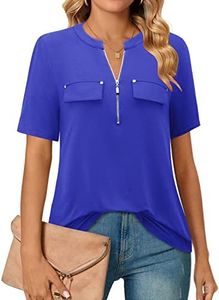 Bulotus Blue Tops for Women Women's Short Sleeve Blouses V-Neck Office Work Tops for Leggings Blue S