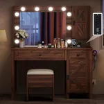 DWVO Makeup Vanity Desk Set with Mirror and Lights, Charging Station and Stool, Farmhouse Vanity Table with 2 Drawers and 1 Cabinet, LED Dresser, Makeup Desk with 3 Dimmable Lighting, Rustic Brown