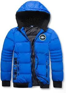 SNOW DREAMS Boys Winter Jacket Faux Fur Hooded Warm Coat Solid Color Puffer Outerwear Zip Up Fleece Lined Outdoor Parka Blue GR19-19 152/158