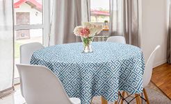 Ambesonne Greek Themed Round Tablecloth, Tile Mosaic Pattern in Antique Meander and Camo Style Effect Print, Circle Table Cloth Cover for Dining Room Kitchen Decoration, 60", Pale Blue and White