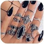 Missgrace Bohemian Vintage Silver Black Stone Knuckle Ring Set Vintage Carving Elephant Cross Boho Stackable Rings for Women 12Pcs (Style 1)