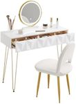 EUGAD Dressing Table with Mirror, Adjustable LED Light, Vanity Desk with Velvet Stool, Make-up Table with 3 Solid Wood Drawers, High Gloss Tabletop 100x40 cm, Stylish Dresser White+Gold, 0054SZT