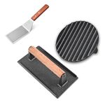 Hmseng Burger Press Set of 2, 7" Round & 8.2"X 4.3" Rectangle, Heavy-Duty Cast Iron Grill Press with Wood Handle, for Flat Tops, Grills-2pcs-Design2