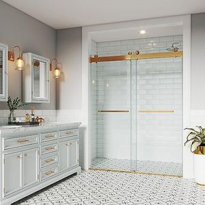 UTEIWF Shower Doors Soft Closing 66-72" W x 79" H Width Adjustable Double Sliding 3/8"(10mm) Clear Tempered SGCC Glass Frameless Stainless Steel Hardware (Brushed Gold)