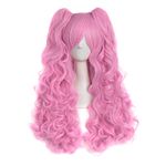 MapofBeauty 28"/70cm Lolita Long Curly Clip On Ponytails Cosplay Wig(Pink)