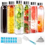 Eathtek Glass Bottles with Lids - 6 Pack 16oz/500ml Empty Glass Water Bottle Airtight, Leakproof, Stainless Steel Lids - Water, Smoothies, Juice, Bottles with Lids & Cleaning Brush for Work, Gym, Home