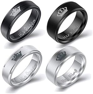 King and Queen Rings for Couples - 4pcs Crown Tungsten Rings Set for Her/Him Promise Wedding Engagement Jewelry