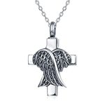 Quiges Stainless Steel Memorial Ash Holder Cross and Wings Pendant for Cremation Urn Keepsake with Adjustable Cable Chain Necklace 46 to 52 cm