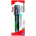 Pentel Twist-Erase GT Retractable Mechanical Pencil, 0.7mm Medium Point, Large Retractable Eraser, Assorted Transparant Barrel Colours, QE207LEBP2, 2 Pack with Lead and Erasers