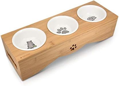 Navaris Cat Bowls with Stand - Elevated Triple Feeder for Cats - Ceramic Pet Bowl Dishes 3-Pcs Set with Printed Designs and Raised Bamboo Wood Holder