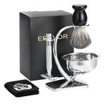 Shaving Kit for Men, Deluxe Chrome Safety Razor and Brush Stand with Bowl Badger Hair Shaving Brush Portable Travel Bag with a Gift Box, Fathers Day Unique Gifts for Dad