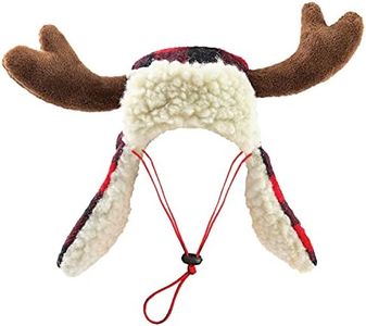 Huxley & Kent Pet Hat | Antler Buffalo Check (Small) | Festive Christmas Holiday Accessory for Dogs/Cats | Holiday Pet Hat | SnugFit Sliding Toggles for Best Fit