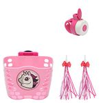 Kids Bike Basket, Children Bicycle Basket Cute Cartoon Pattern Front Handlebar Storage Supplies Scooter Accessories with 1 Pair Streamers and Bike Bell for Girls and Boys, Pink