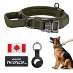 Tactical Dog Collar Thick with Handle - Heavy Duty Metal Buckle Military Dog Collar with Canada Flag Patch and Airtag Case Holder for Medium and Large Dogs Chew Proof(XL(20.1''-24.1''), Green)