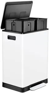 ToiletTree Products White Stainless Steel Step Trash Can - 16 Gallon Garbage Bin with Soft Close Lid - Dual Compartment Waste Can with 30 Liters Capacity in Each - Recycling Bin
