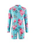 BOVOSHA Girls Swimsuit for Kids One Piece Bathing Suit Floral Long Sleeve Rash Guard Swimming Suit (Floral Blue,10-12 Years)