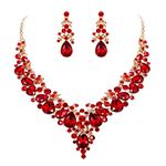 Ever Faith Red Rhinestone Jewellery Set for Women, Wedding Bridal Crystal Floral Leaf Teardrop Necklace Earrings Set Silver-Tone