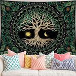 Tree of Life Tapestry Sun and Moon Wall Hanging Tapestry with Vintage Paisley Flowers Wall Tapestries for Bedroom Dorm Living Room Decor (H53 x W60 inches, Green)