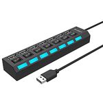 Multi Port USB Splitter, 7 in 1 USB 2.0 Hub with High Speed Individual ON/Off Switches with LEDs USB Hubs