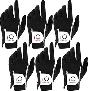FINGER TEN Mens RainGrip Hot Wet Weather Comfort Extra Value Left Hand LH Right Hand RH Durable Golf Gloves Value 6 Pack (25=M/Large Black, Worn on Left Hand(Right-Handed Golfer))