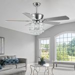 Tropwellhouse 52Inch Crystal Ceiling Fan with Lights 3 Speed Remote Control Elegant Crystal 5 Wood Blades Chrome Ceiling Fan Decoration Home