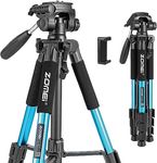 Zomei Q111 Camera Tripod Mobile Phone Tripod, Aluminum Alloy Travel Tripod Lightweight Camera Tripod 3 Way Swivel Head, Quick Release Plate, Phone Holder and Bag, 47-140cm (Blue)