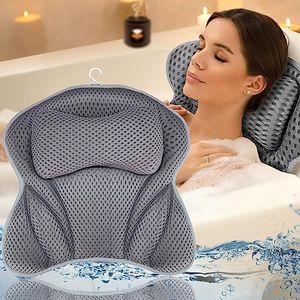 Amzeeniu Almohada de Baño,Nuevo Cojín de Bañocon 6 Ventosas Antideslizantes Tecnología4D Air Mesh Cuello,Hombros y Espalda Soporte para Cabeza para SPA en Casa Bañera de Hidromasaje e Hidromasaje Gris