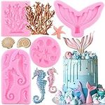 Mujiang Mermaid Theme Cake Fondant Mold Seahorse Seashell Starfish Sea Coral Mermaid Tail Silicone Mold for Cake Decoration Chocolate Candy Polymer Clay Gum Paste Cupcake Topper Set of 4