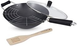 Ken Hom Non-Stick Carbon Steel 4-Pieces Wok Set, 31 cm Diameter