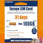 Prepaid SIM Card for Europe Travel with 100GB of 4G Data,Unlimited Calls and SMS in Europe with France Phone Number, 200 mins and 1000 SMS from Europe to Worldwide(Lasts for 31 Days),Tethering Allowed